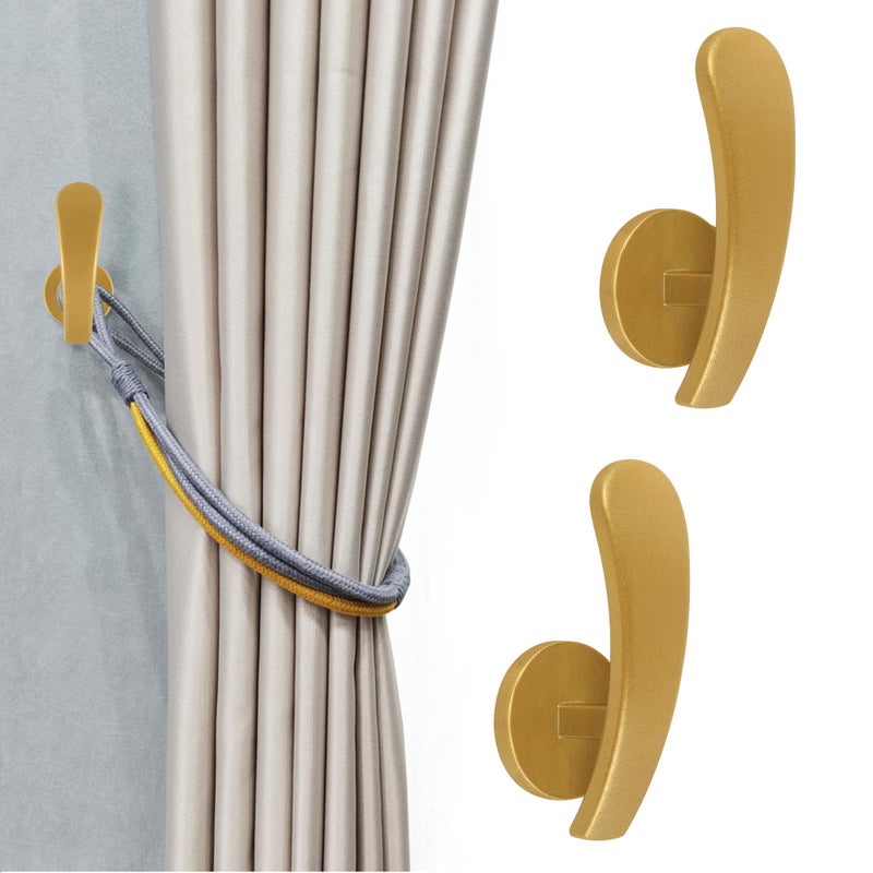 HEMOUR Curtain Holdback, 2pcs Wall Mounted Drapery Tiebacks with Screws, Decorative Drapery Metal Hook Wall Hanger, Gold - Image 1